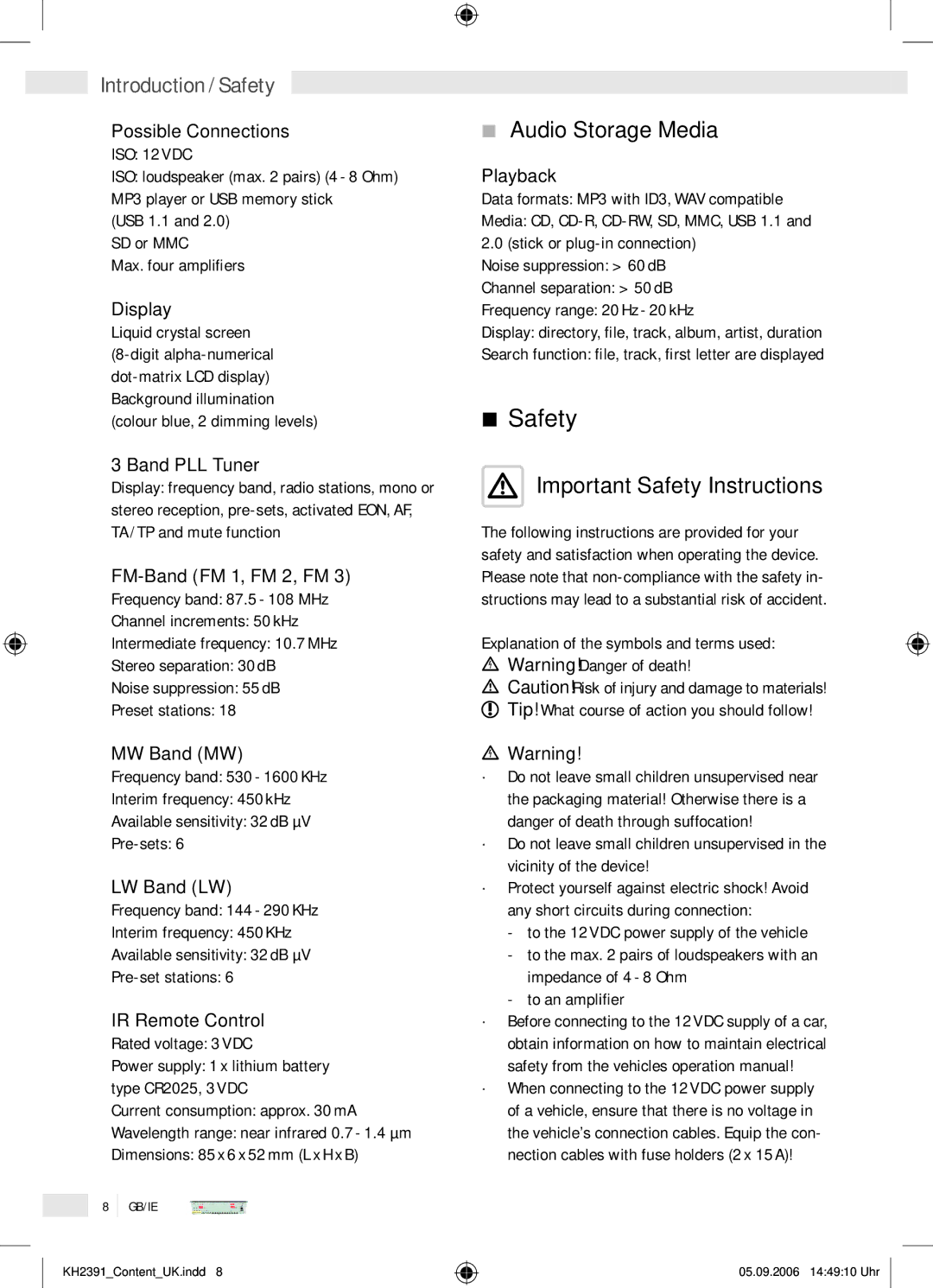 Kompernass KH 2391 operation manual Introduction / Safety, Audio Storage Media, Important Safety Instructions 